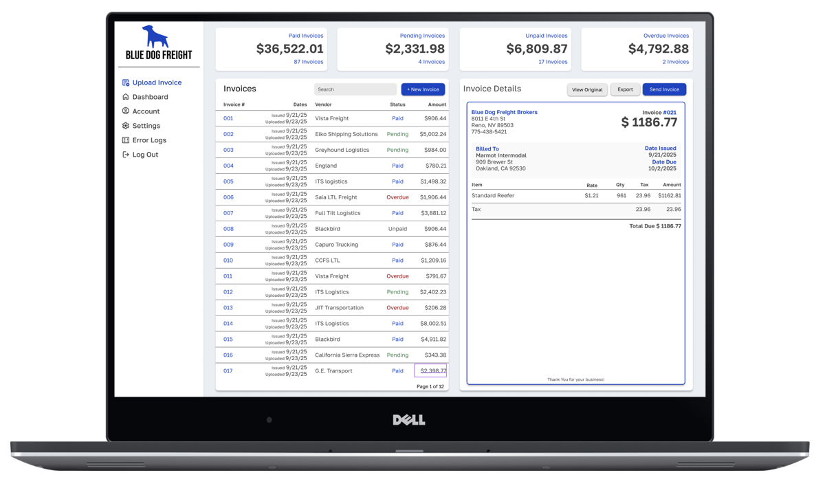 A invoice standardization dashboard displayed on a 15 inch laptop.